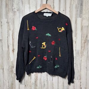 Vintage 90s Eagle's Eye Black Knit Sweater Rose Musical Instruments Womens Large